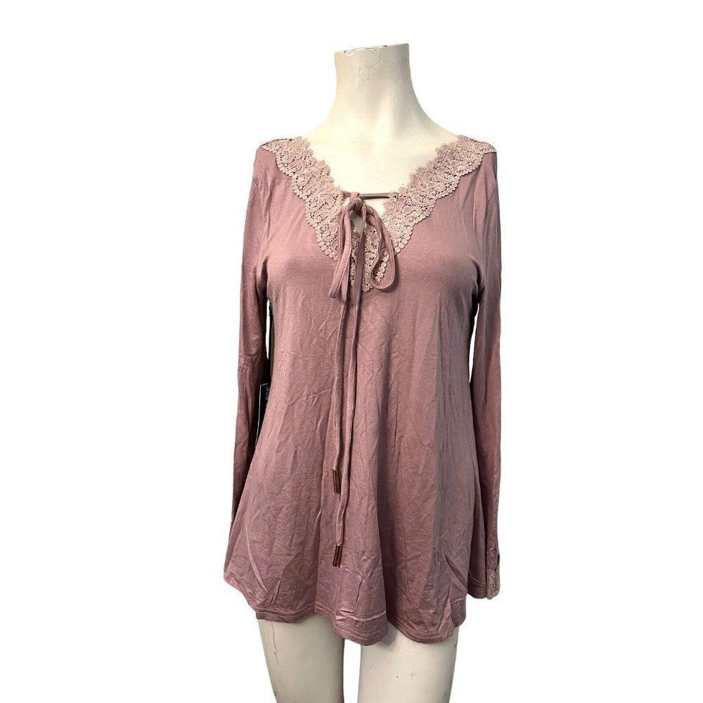 Doe & Rae Small Long Sleeve Blouse Lace V Neck Tunic Lightweight Lilac Relax NWT